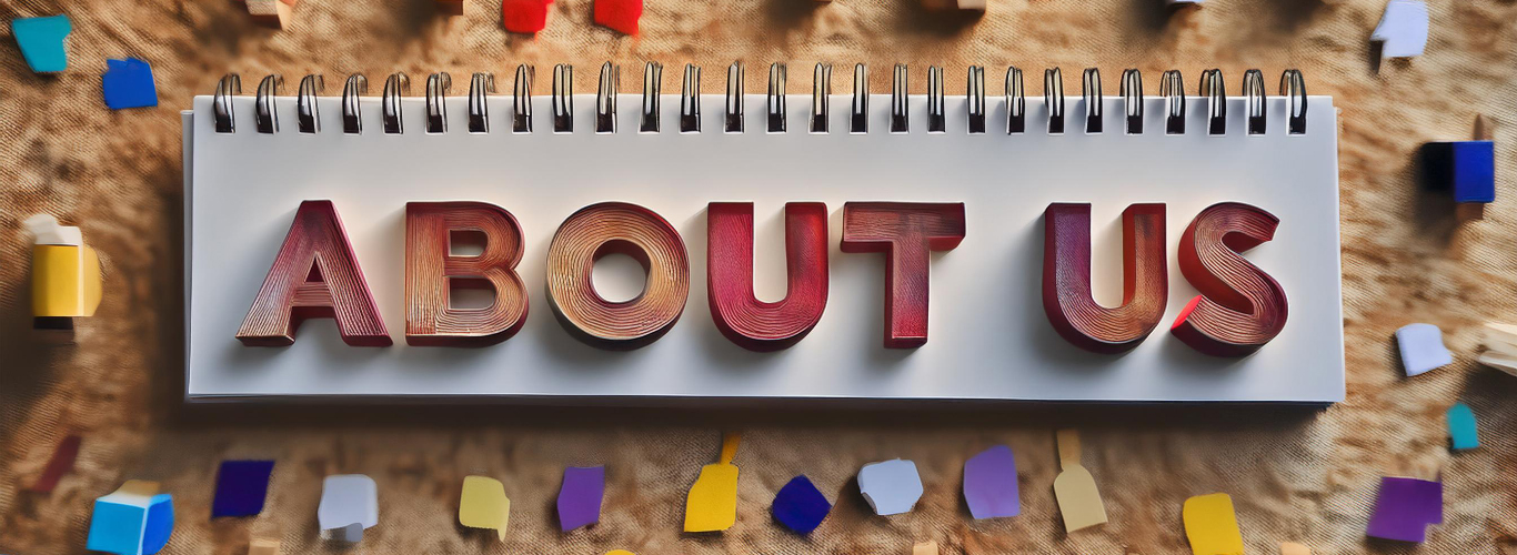 Wooden block letters spelling ABOUT US on a spiral-bound notepad with colorful paper confetti around