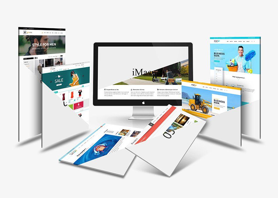 Multiple digital website mockups displayed around a central iMac computer screen showing a website interface