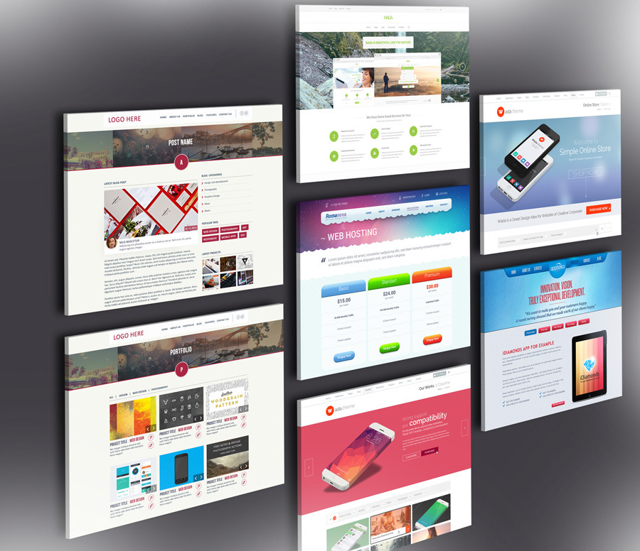 Six website homepage screenshots displayed at various angles on a dark gradient background